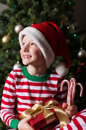 joyful smiling child in santa's hat holding nicely wrapped present and candy canes and being cozy at home and enjoying christmas time by the tree and decorations waiting for a miracleの写真素材