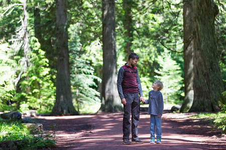 young father and his son enjoying hike together in forest in glacier national park, montanaの写真素材