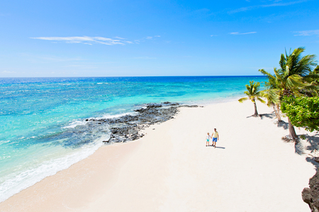 aerial view of breathtakingly beautiful white sand beach with palm trees and turquoise water lagoon and family of two, father and son, enjoying summer vacation at fiji island together, family vacation conceptの写真素材