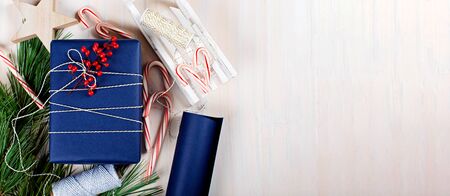 panorama of christmas present with decorations flatlay, copy space on rightの写真素材