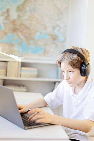 positive smiling boy online learning at homeの写真素材