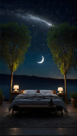 A serene and peaceful image of a bed under a tree at night. The bed is made up with white sheets and pillows, and is covered in a cozy blanketの素材