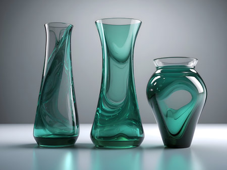 Three Green Glass Vases on a White Tableの素材
