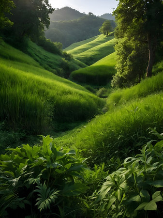 A lush green valley surrounded by trees and grass. The valley is carpeted in green grass and dotted with treesの素材