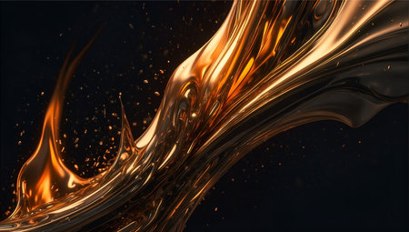 3D rendering of a flowing gold liquid on a black backgroundの素材