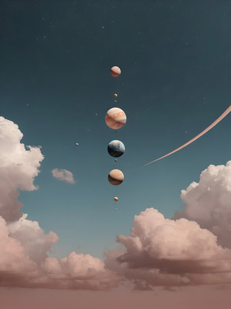Row of colorful planets in a pink cloudy skyの素材