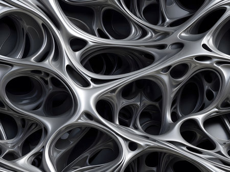 3D rendering of a metallic liquid swirl on a black background.  The swirls are made up of a variety of shapes and sizesの素材