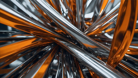 3D rendering of a swirl of orange and silver metal tubes. The tubes are twisted and intertwinedの素材