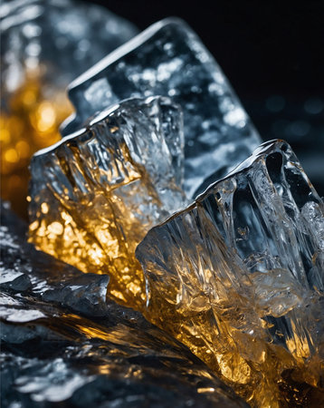 Ice crystals, like tiny jewels, cling to a rock, bathed in the radiant lightの素材