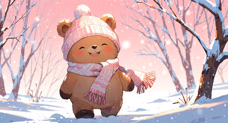 A cute bear is walking in a snowy forest, wearing a pink hat and scarfの素材