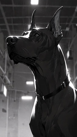 A sleek black dog with pointed ears stands alert indoors, its collar neatly in placeの素材