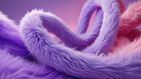 Curly, plush tubes in fuzzy pink and purple twist together across a soft backgroundの素材