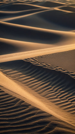 Golden sand dunes stretch across the scene, shaped by gentle winds into flowing curves and ridgesの素材