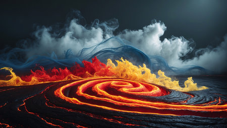 A dramatic and surreal landscape with a swirling lava field and swirling clouds of smoke and fireの素材