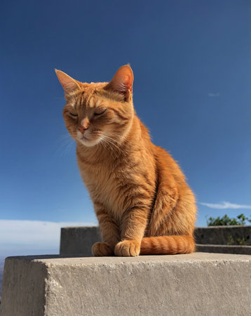 A calm orange cat with its eyes closed, sitting on a concrete ledge under a bright blue skyの素材