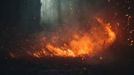 A blazing fire spreads across the dark forest floor, with glowing sparks flying into the smoky night airの素材