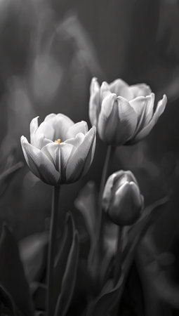 Three tulips stand tall with soft petals glowing gently in the light, surrounded by smooth leaves and a blurred dark backgroundの素材