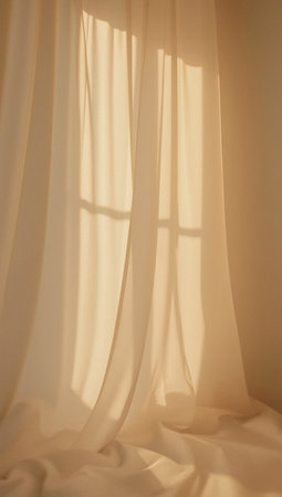 Soft curtains hang gently in front of a sunlit window, casting smooth shadows and warm light across the roomの素材
