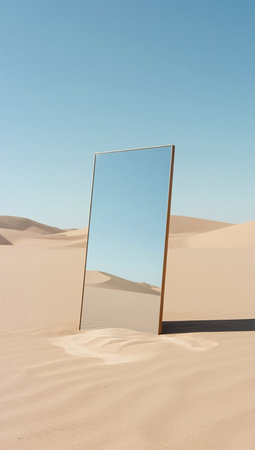 A large, rectangular mirror stands upright in the middle of a desertの素材