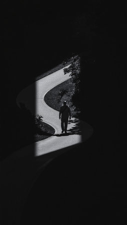 A person walks alone on a curvy path lit by a strong light. The rest of the area is dark, making the path stand outの素材