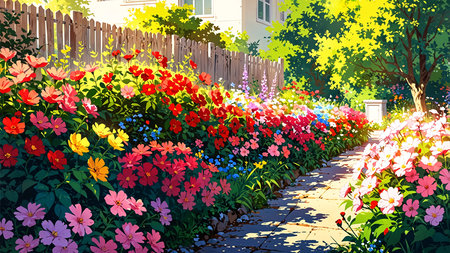 A beautiful, vibrant garden path is lined with an abundance of colorful flowers and lush green plants, bathed in bright sunlightの素材