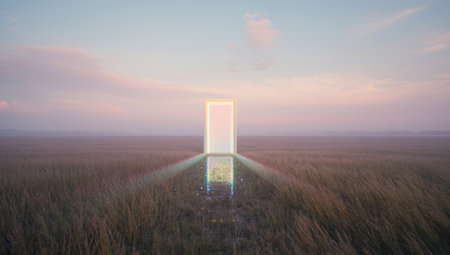 A glowing, iridescent doorway standing alone in a vast, grassy field under a soft, pastel skyの素材