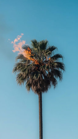 A tall palm tree with its fronds burning with flames and smoke near the top, set against a clear, solid blue skyの素材