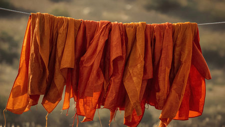 A row of vibrant orange and saffron robes hanging on a thin clotheslineの素材