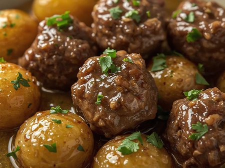 A tasty dish with shiny meatballs and small round potatoes covered in thick brown sauceの素材
