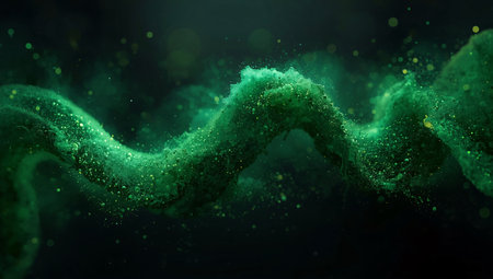 Glowing green wave made of tiny dots and mist floats in dark spaceの素材