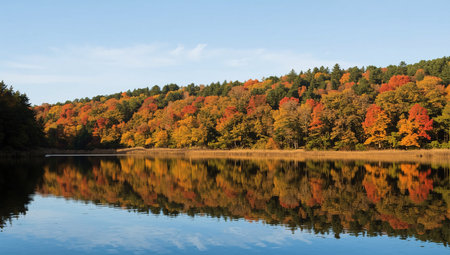 Serene autumn landscape with vibrant fall foliage reflecting perfectly in a calm lakeの素材