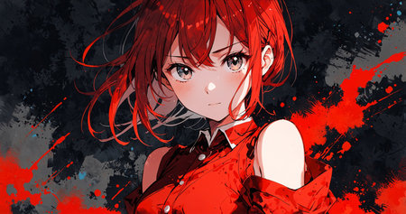 A young woman with vibrant red hair and large, expressive eyes, set against a moody, dark backgroundの素材