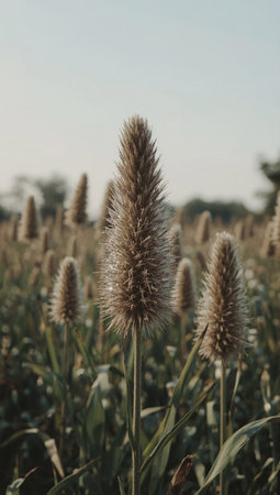 Tall, spiky seed head standing in a field bathed in the soft, golden lightの素材