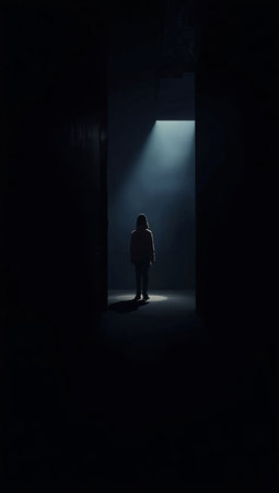A single, small human silhouette standing in a dark, enclosed spaceの素材
