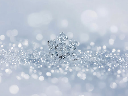 Close-up of a snowflake sitting on soft snowの素材