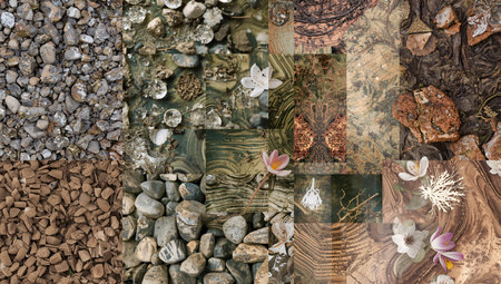 Collage of various Earth textures and natural elements, arranged in a grid-like patternの素材