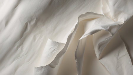 A close-up of torn white paper with rough edges and foldsの素材