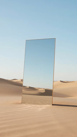 Tall, rectangular mirror standing upright in the middle of a vast, sunlit desert with rolling sand dunesの素材