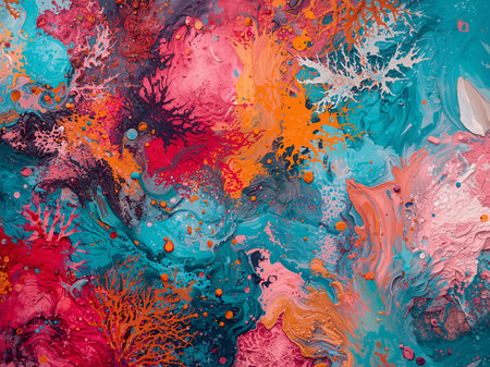 Bright abstract painting full of flowing colors. Pink, teal, orange, and red mix togetherの素材