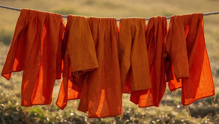 Bright orange and red robes hang outside on a line, glowing in the sunlight over a grassy fieldの素材