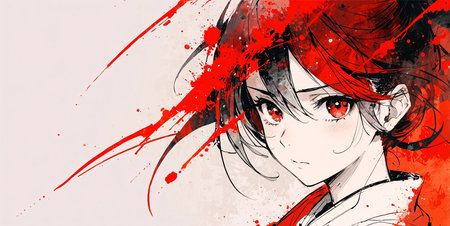 Anime-style painting of a girl with red eyes and hair against a white backgroundの素材