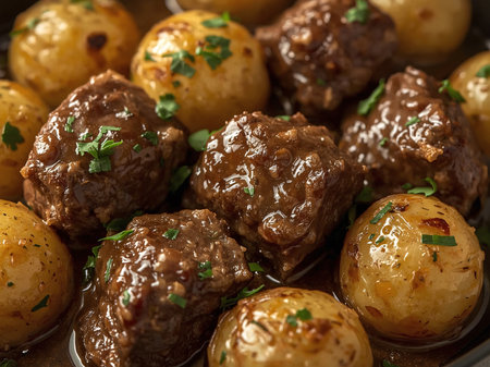 Tender beef and small potatoes sit in a rich brown sauceの素材