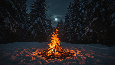 Golden campfire burning intensely in the middle of a snowy winter forest at nightの素材