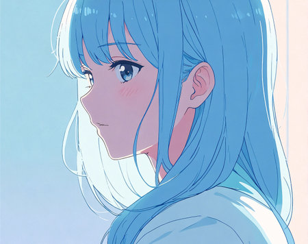 A beautiful, soft-focus anime portrait of a girl with serene blue eyes and long pastel-blue hairの素材