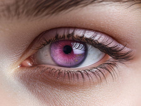 A close up of a purple eye with golden specks, long lashes, and smooth skin around itの素材