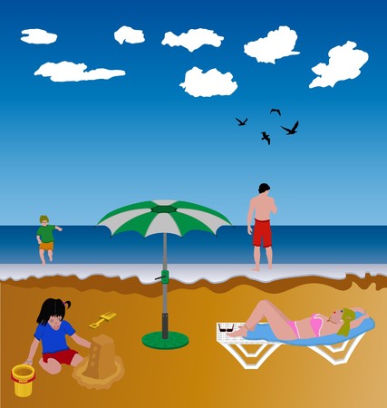 illustration of a family spending the summer at the beachのイラスト素材