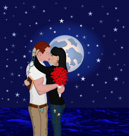 loving couple kissing at night oceanfrontのイラスト素材