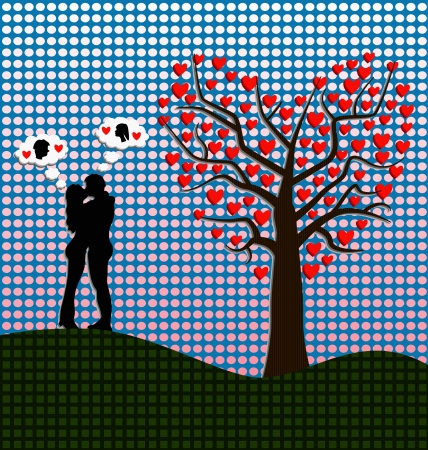 couple kissing against heart shaped treeのイラスト素材