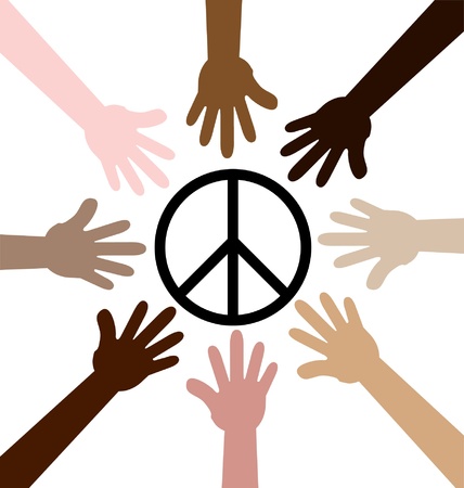 Illustrated, multicolored hands reaching out around a peace symbol のイラスト素材