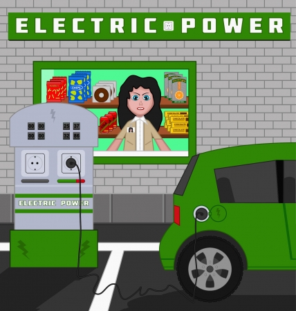 Cartoon or drawing of a plug-in hybrid car at an electric recharging station のイラスト素材